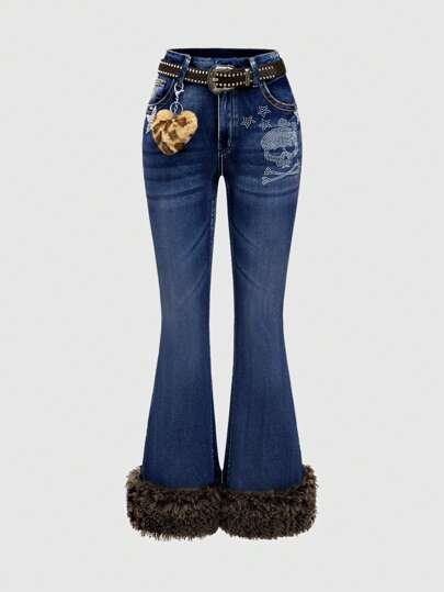 J-Fashion Women's Y2K Harajuku Style Rhinestone Skull & Star Distressed Sexy Flare Pants With Belt