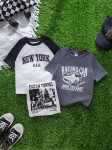 SHEIN Leap Crew Bộ 3 áo thun ngắn tay cổ tròn phối màu, kiểu dáng đường phố, giá cả phải chăng dành cho bé trai, phù hợp đi làm, đi học, mặc hàng ngày, chơi thể thao, mùa xuân/hè. - Đen và trắng - Xem 4