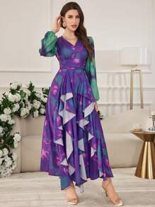 Modelyn Women's Maxi V-Neck Tie-Dye Print Ruffle Hem A-Line Dress - Multicolor - View 5