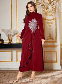 Modelyn Plus Size Elegant High Collar Ruffle Trim Dress - Burgundy - View 6