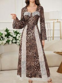 Modelyn Women's Long Leopard Print Lace Patchwork Flared Elegant Dress - Multicolor - View 1