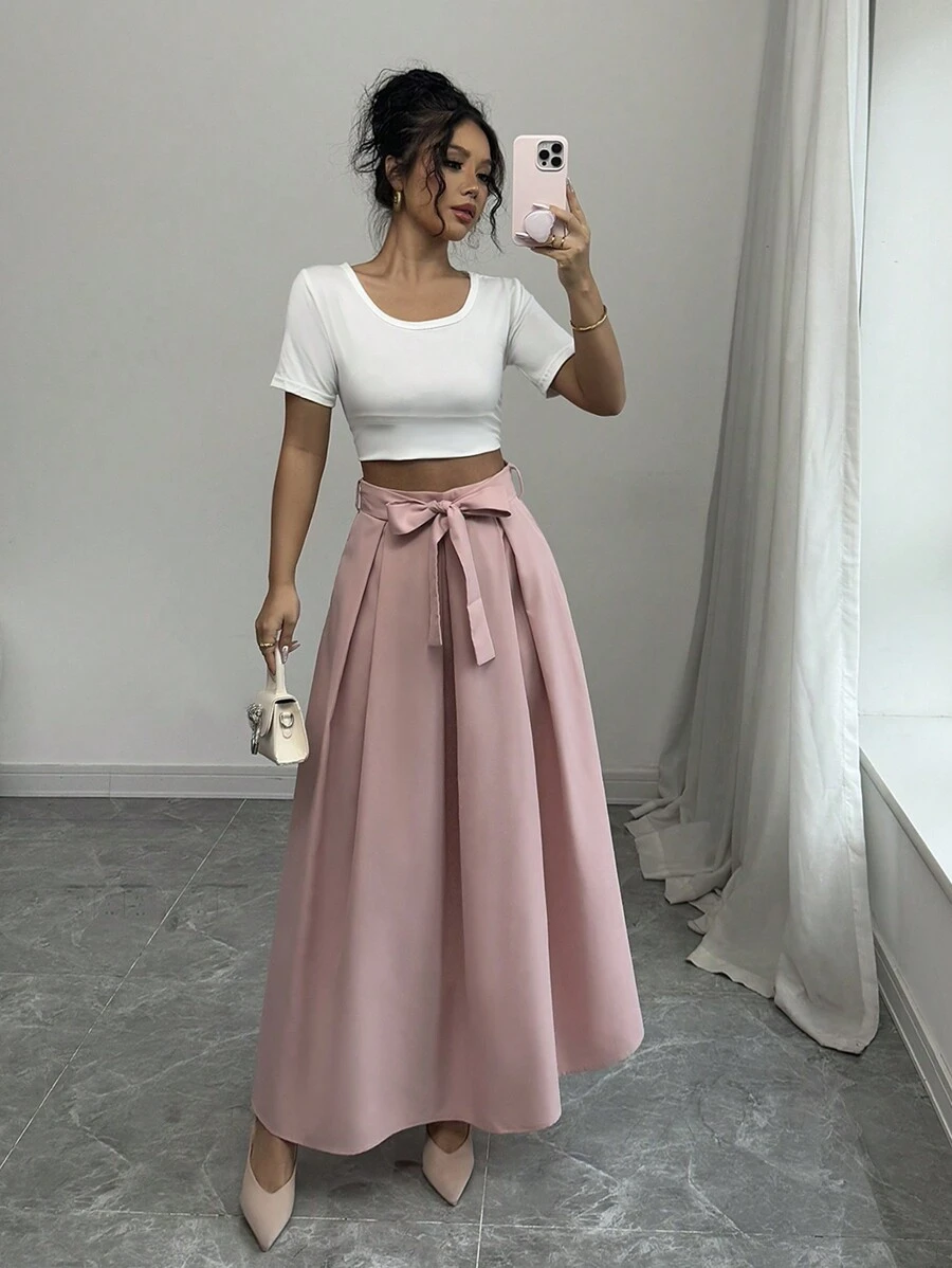 Chiquease Women's Elegant Bowknot High Waist Pleated Maxi A-Line Skirt, Suitable For Work - Pink - View 1