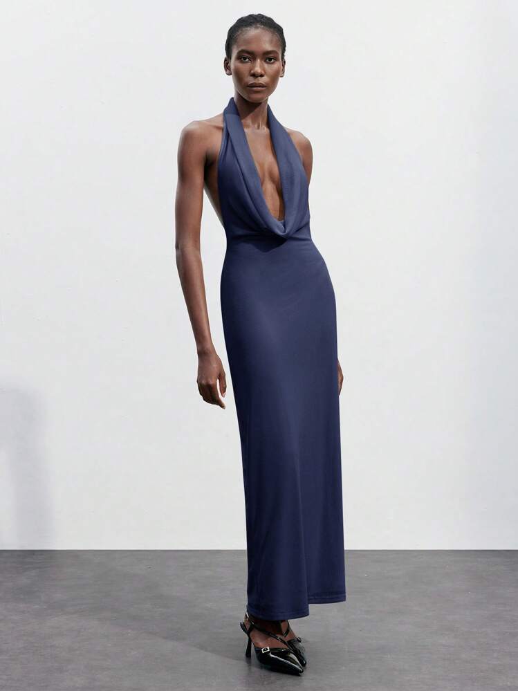 SHEIN Maija Nuevo vestido elegante y sofisticado urbano para otoño/invierno, apropiado para fiestas y eventos diarios. Vestido ajustado sin mangas de color champán con cuello drapeado y largo medio, adecuado para festivales de música, vacaciones en la playa, uso casual diario, resorts urbanos románticos, salidas, reuniones, invitadas de bodas, estilo vintage elegante, temporada de graduación. - Azul Marino - Añade 1