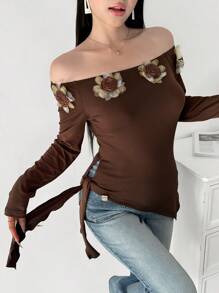 Modelyn 3D Floral Decor Off Shoulder Long Sleeve Slim Fit T-Shirt - Brown - View 3