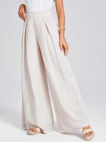 SHEIN LUNE 高腰褶皱斜口袋阔腿裤，女士优雅休闲度假长裤 - 杏色 - 查看 3