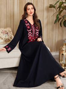 Al Najma 女士几何刺绣 V 领长袖阿拉伯连衣裙，朴素的卡夫坦