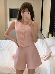 DAZY Plaid Design 2pcs/Set Women Vest And Shorts Set, Suitable For Weddings, Dates And Nights Out - Pink - View 3