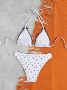 Swim Mod Women's Romantic Holiday Cute Blue & White Porcelain Ditsy Floral Print Triangle Bikini Set , For Summer Beach Vacation - Multicolor - View 2