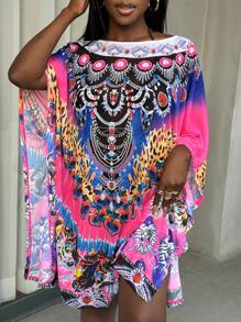 SHEIN Slayr Fluorescent Color Positioning Print Sexy Swimsuit, Spring Break Beach Dress Cover-Up With Short Sleeve