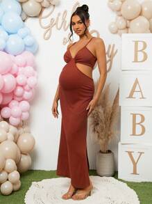 Loomaby Kobiety w ciąży Jednolity kolor talii wycięcie seksowna obcisła sukienka na ramiączkach na baby shower party - Rdzawy brązowy - Zobacz 3
