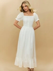 Poéselle 白色连衣裙、刺绣连衣裙、正式连衣裙、婚纱、泡泡袖设计、夏季女装、婚礼季、沙滩女装、夏季女装、女士方领泡泡袖纯色连衣裙、优雅、波西米亚风、适合日常、街头、度假、通勤等场合穿着 - 白色 - 查看 7