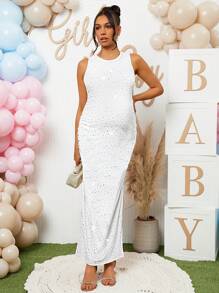 Loomaby Maternity Ruched Gender Reveal Dress For Baby Shower Party - White - View 3