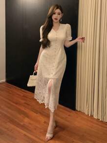 DAZY Vestido de mujer con cuello en V, manga corta de encaje y bajo con abertura - Vestido de fiesta, vestido de verano