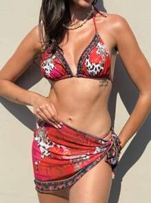 SHEIN Swim 3pcs/Set Bohemian Tie Neck Triangle Retro Bikini Swimwear Beach Outfit For Women For Summer Beach Vacation