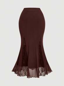 SHEIN MOD Plus Size High Waist Lace Patchwork Fishtail Net Fabric Skirt - Brown - View 1