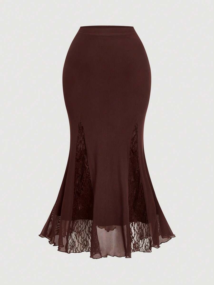 SHEIN MOD Plus Size High Waist Lace Patchwork Fishtail Net Fabric Skirt - Brown - View 1
