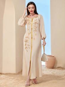 Al Najma 杏色手工缝制串珠腰裙，适合节日派对、阿拉伯连衣裙、端庄的长袍 - 杏色 - 查看 5