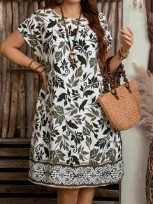 Rosumi 大码圆领短袖全印花休闲宽松迷你连衣裙 - 彩色 - 查看 2