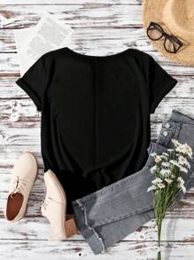 EMERY ROSE 1776CALIFORNIA Minimalist Slogan Graphic Fitted V-Neck Short Shoulder T-Shirt, Plus Size, Suitable For Summer Suitable For Going Out