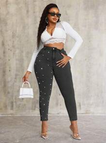 SHEIN SXY Pantalones vaqueros azules elásticos con decoración de perlas, para tallas grandes