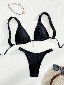 SHEIN Tenues de vacances d'été à la plage pour femmes avec un ensemble de bikini triangle à bretelles épaisses en tissu spécial, sexy et