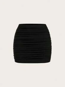 SHEIN EZwear 女式黑色网眼松紧腰褶皱迷你裙 - 黑色 - 查看 6