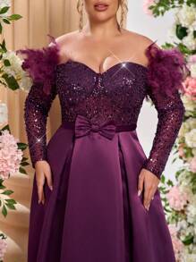 Glamrae 大码优雅浪漫紫色露肩长袖透视奢华亮片拼接 A 字长礼服、婚礼宾客礼服（羽毛肩）、派对礼服、晚礼服、长袍 - 淺灰紫 - 查看 1