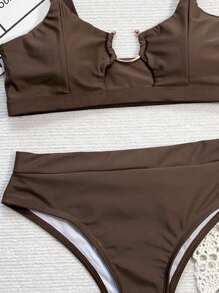 SHEIN Swim 女士纯色环连性感比基尼泳装比基尼套装，适合夏季海滩度假 - 咖啡棕 - 查看 3