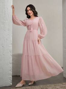 Graceveil Lightweight & Flowing V-Neck Lantern Sleeve Swing Dress, Arabic Style,Modest - Pink - View 1