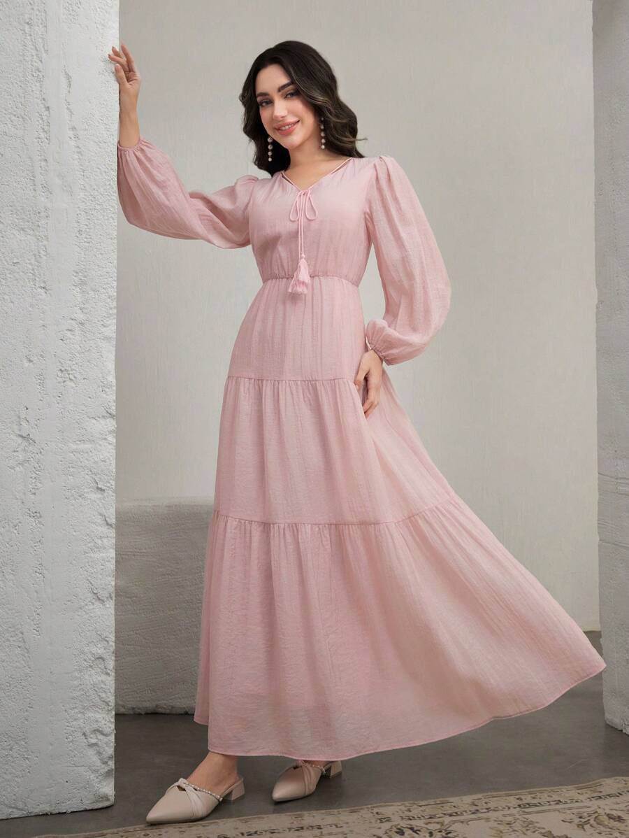 Graceveil Lightweight & Flowing V-Neck Lantern Sleeve Swing Dress, Arabic Style,Modest - Pink - View 1
