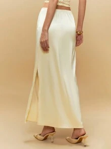 Poéselle 女士纯色简约修身优雅长裙，休闲日常穿着，优雅女士，婚礼宾客裙装，夏季女装 - 杏色 - 查看 7