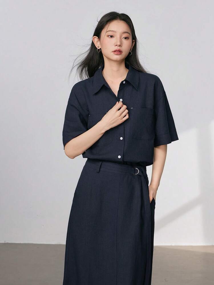 Casual Loose Minimalist Short Sleeve Solid Color Women Blazer Set Linen Business Attire