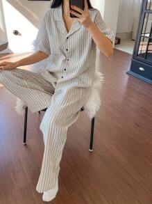 DAZY Striped Simple Texture Chiffon Fabric Women Sleepwear Set Pajama - Black and White - View 4
