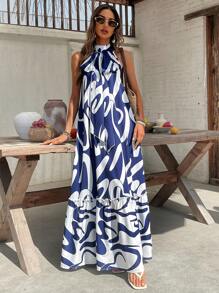 SHEIN VCAY Woven Print Open Shoulder Dress For Women