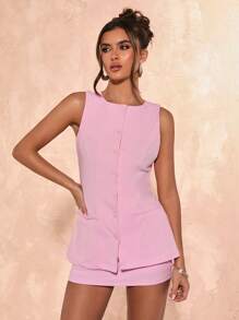 SHEIN BAE Women Solid Front Button Sleeveless Top And Mini Skirt Set - Pink - View 7
