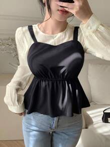 DAZY 女士休闲撞色拼布长袖衬衫，秋季女装