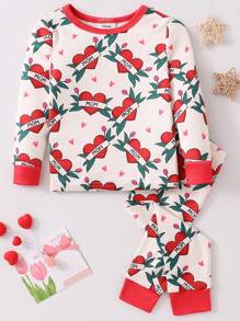 2pcs/Set Newborn Baby Girls Heart Print Long Sleeve Bodysuit & Long Pants Lounge Wear Set - Red - View 1
