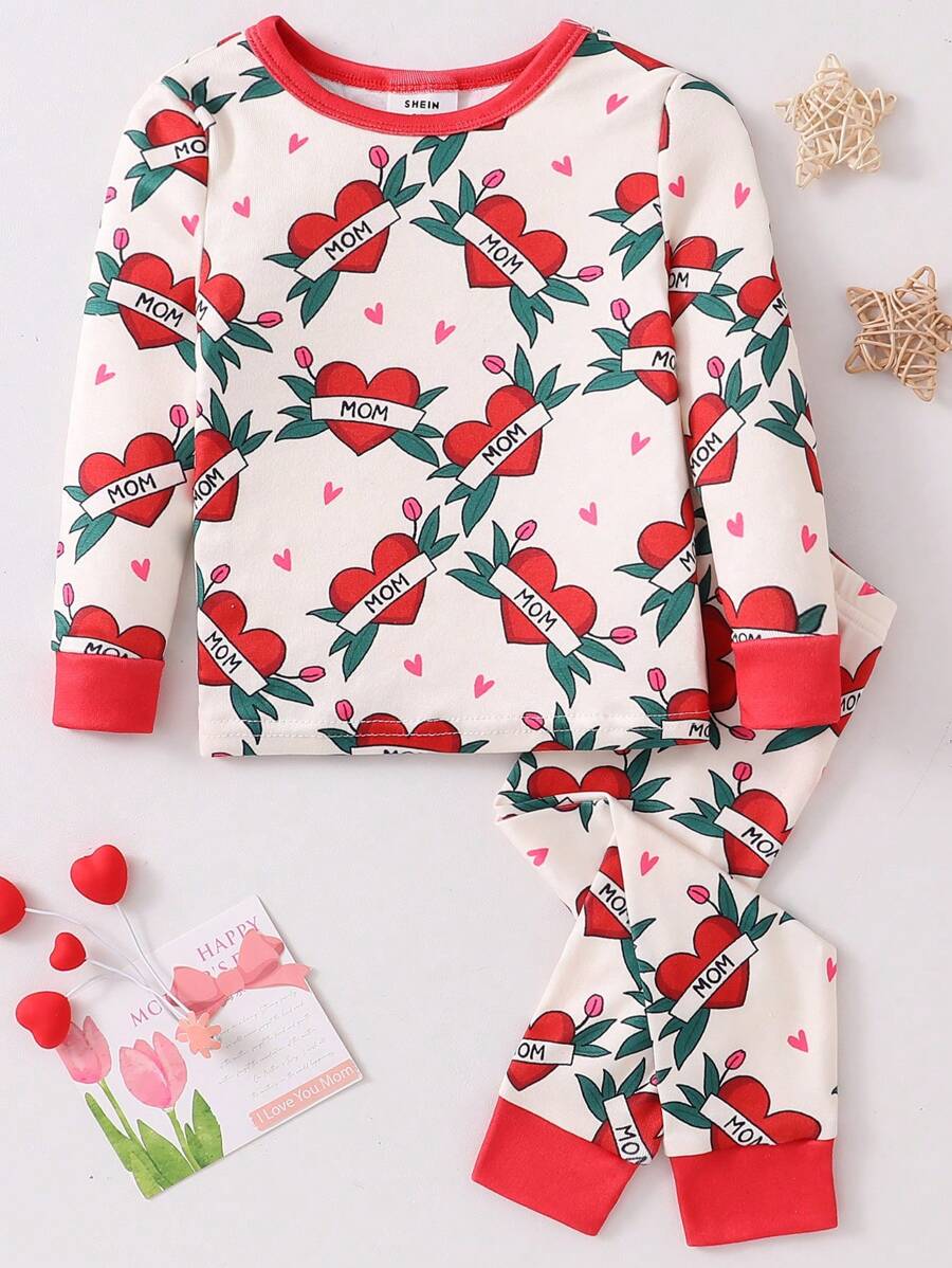 2pcs/Set Newborn Baby Girls Heart Print Long Sleeve Bodysuit & Long Pants Lounge Wear Set - Red - View 1
