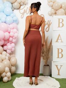 Loomaby Kobiety w ciąży Jednolity kolor talii wycięcie seksowna obcisła sukienka na ramiączkach na baby shower party - Rdzawy brązowy - Zobacz 2