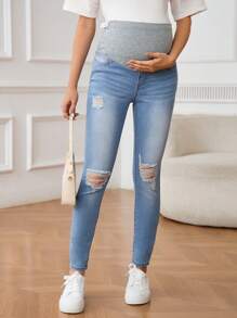 SHEIN Maternity Solid Color Patchwork Front Button Pocket Distressed Casual Jeans Summer Outfits For Women Skinny Jeans For Women