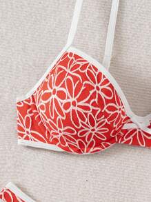 Swim Mod Traje de baño de mujer para vacaciones de primavera y verano, con bikini de copa desmontable, acento de lazo y textura floral