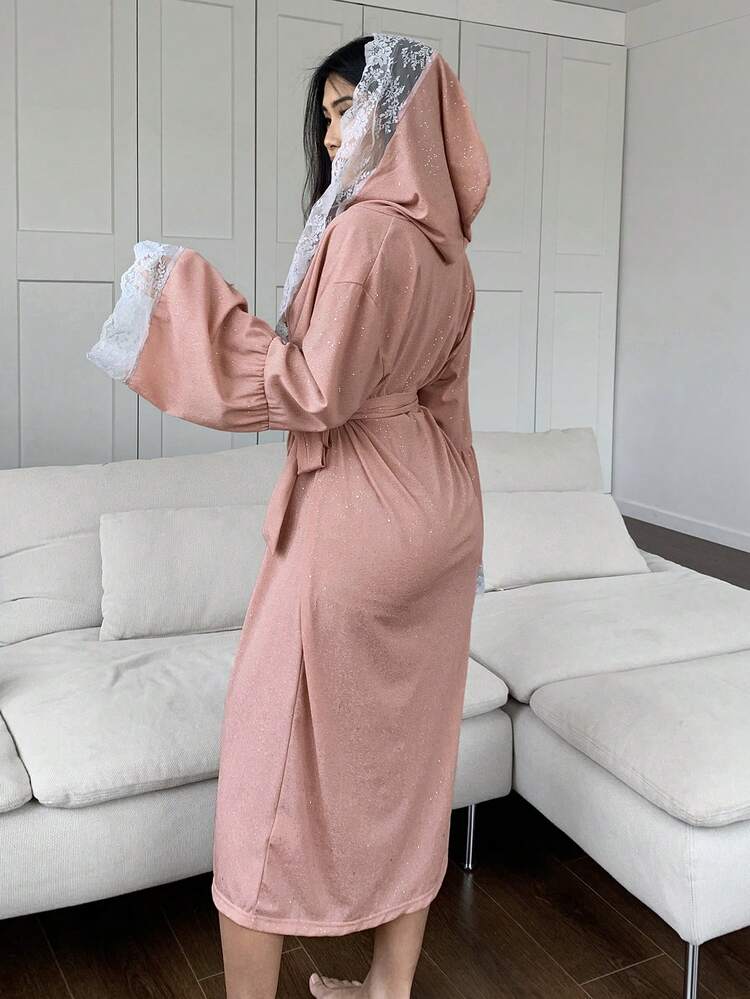 Romantic Sequins Decorated Lace-Panel Satin Robe Pajama