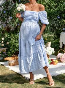 SHEIN 蓝色格子泡泡袖圆领孕妇连衣裙 - 淺藍色 - 查看 3