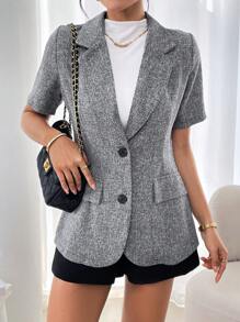 RosyDaze 法式优雅时尚日常休闲百搭宽松短袖翻领 V 领春夏女式西装外套 - 黑色 - 查看 5