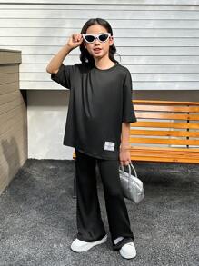 SHEIN 2pcs/Set Tween Girl Casual Sports Daily Loose Fit Short Sleeve T-Shirt & Flared Pants Set - Black - View 3