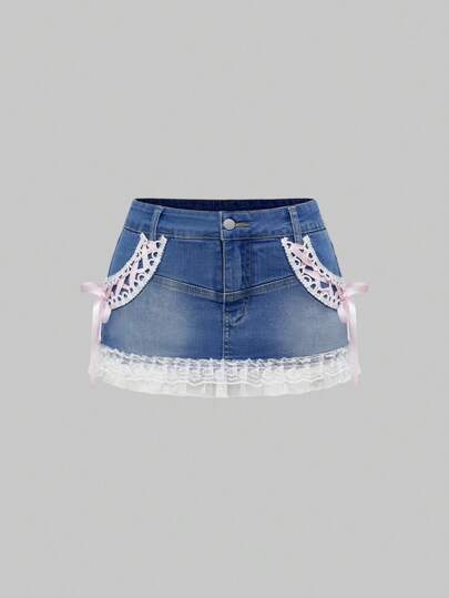Kawaii Cute & Sweet Sexy Ladies' Ribbon Decor Lace Patchwork Mini Denim Skirt