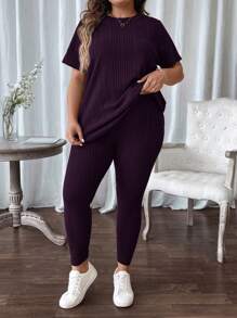 SHEIN LUNE 大码女式休闲两件套，圆领短袖上衣和裤子 - 紫色 - 查看 3