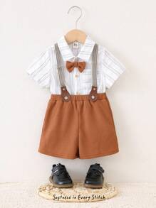 Cozy Pixies 2pcs Baby Boy Colorful Striped Bowknot Collar Short Sleeve Cardigan And Bib Shorts Set - Multicolor - View 3