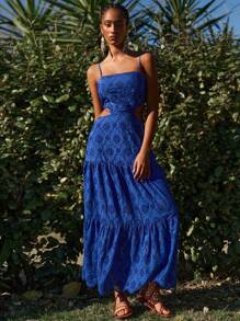 Travachic 女士度假扎染刺绣镂空腰吊带连衣裙 - 藍色 - 查看 7