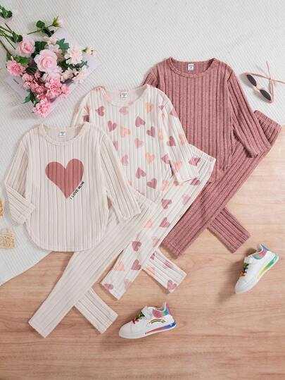 SHEIN Elladie kids 年轻女孩秋冬新款 3 件套，羊毛罗纹圆领长袖上衣 + 心形印花打底裤，休闲家居服时尚装